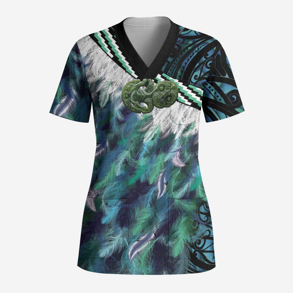 Turquoise Traditional Cloak Aotearoa Scrub Top Maori Paua Shell Korowai Pattern LT14 Adult Turquoise - Polynesian Pride