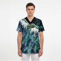 Turquoise Traditional Cloak Aotearoa Scrub Top Maori Paua Shell Korowai Pattern - Polynesian Pride