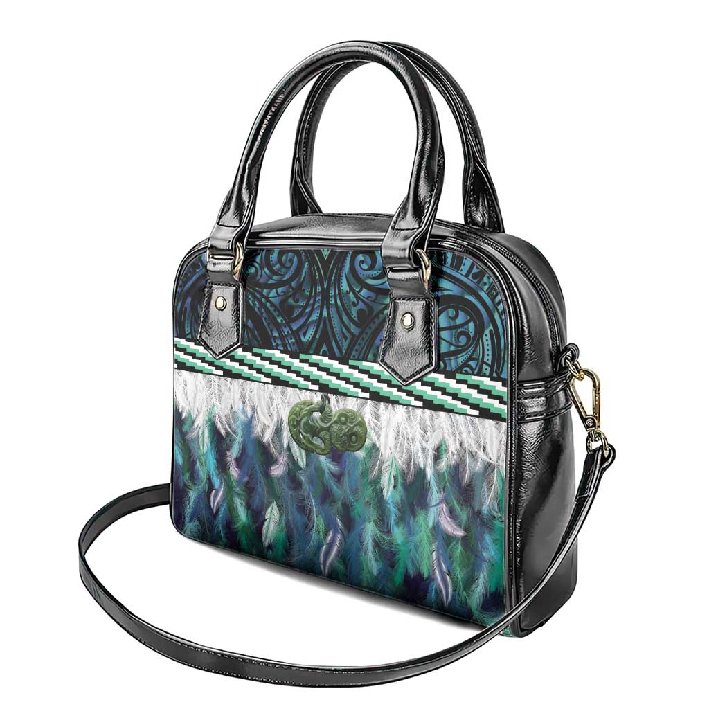 Turquoise Traditional Cloak Aotearoa Shoulder Handbag Maori Paua Shell Korowai Pattern