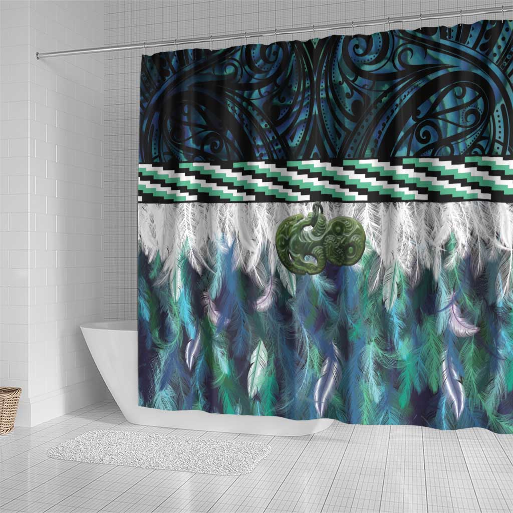 Turquoise Traditional Cloak Aotearoa Shower Curtain Maori Paua Shell Korowai Pattern LT14 - Polynesian Pride