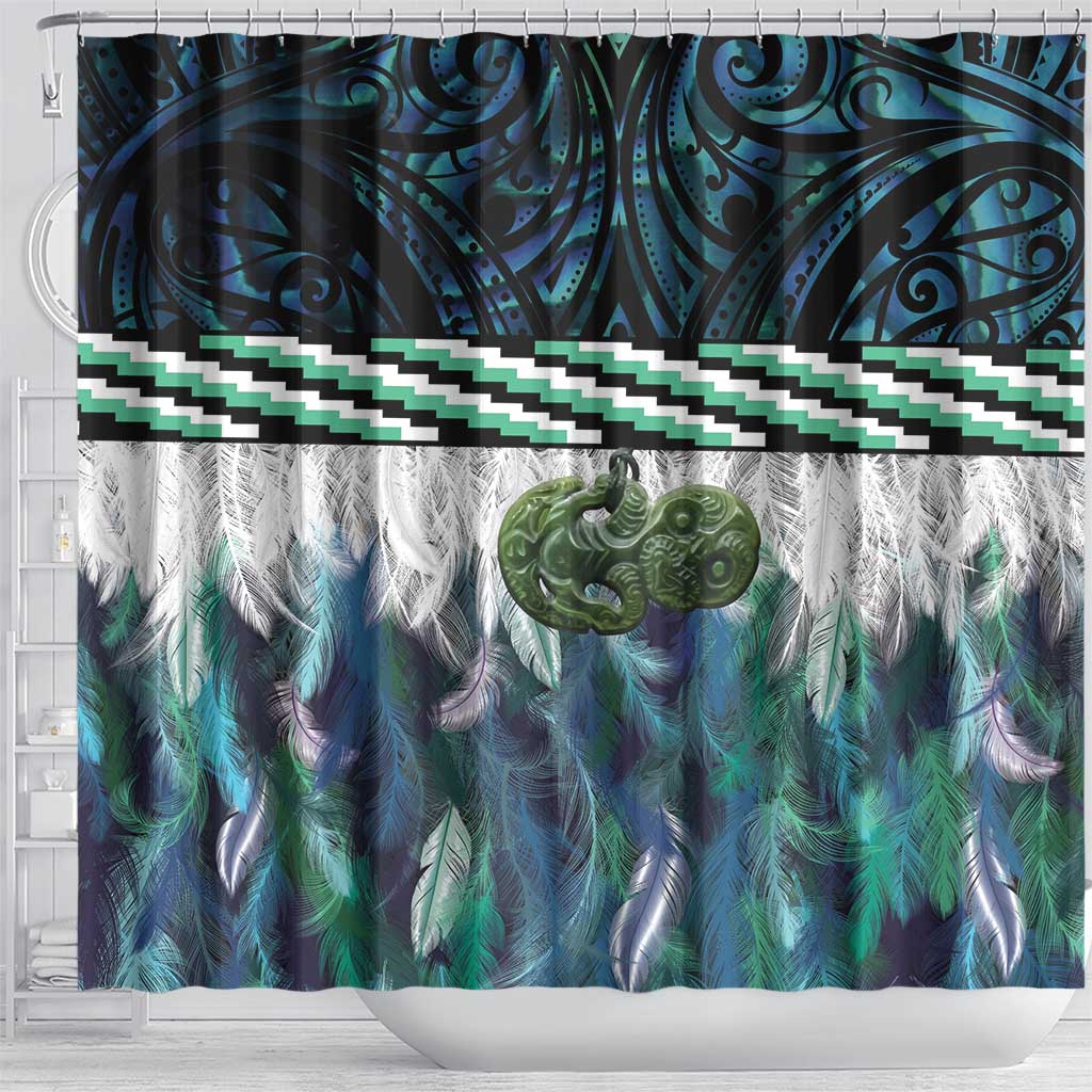 Turquoise Traditional Cloak Aotearoa Shower Curtain Maori Paua Shell Korowai Pattern LT14 - Polynesian Pride
