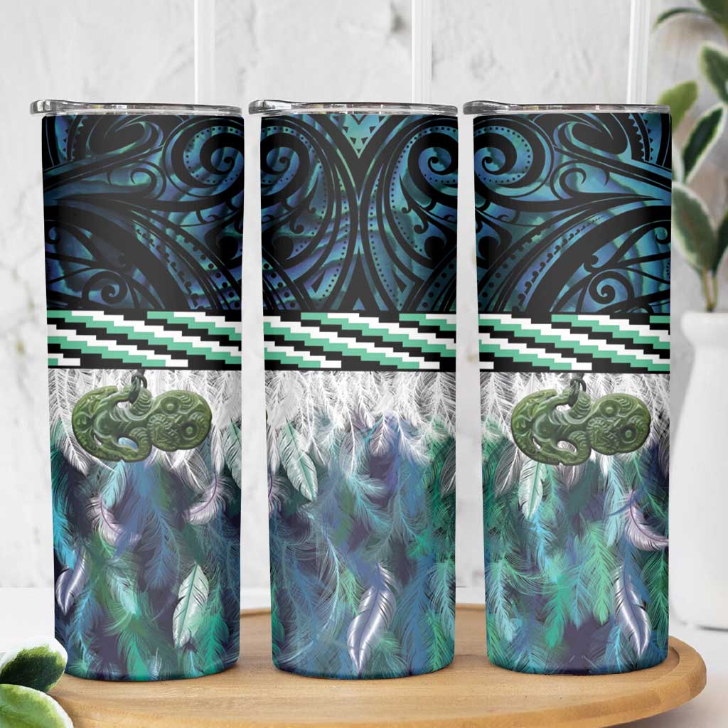 Turquoise Traditional Cloak Aotearoa Skinny Tumbler Maori Paua Shell Korowai Pattern LT14 - Polynesian Pride