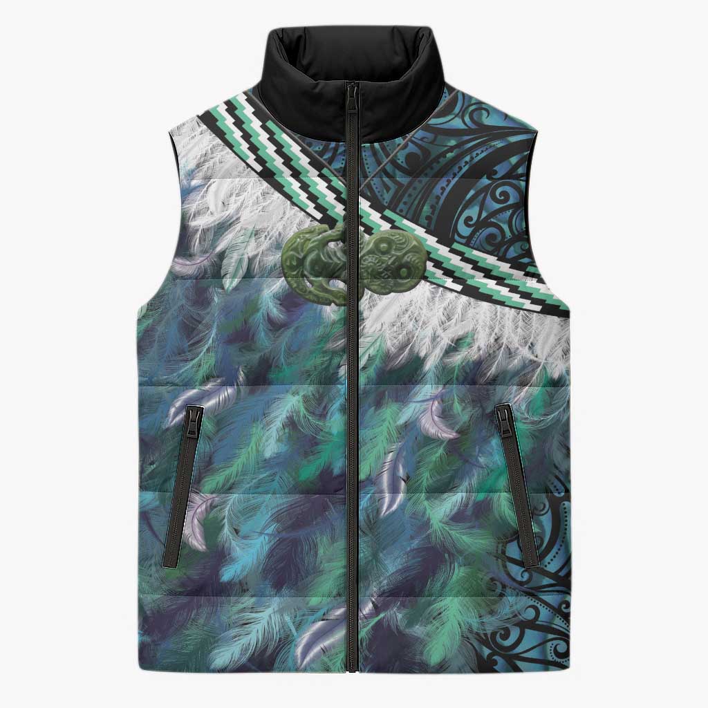 Turquoise Traditional Cloak Aotearoa Sleeveless Puffer Jacket Maori Paua Shell Korowai Pattern LT14 Unisex Turquoise - Polynesian Pride