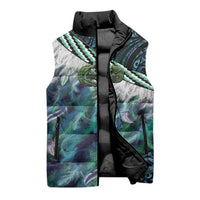 Turquoise Traditional Cloak Aotearoa Sleeveless Puffer Jacket Maori Paua Shell Korowai Pattern LT14 - Polynesian Pride