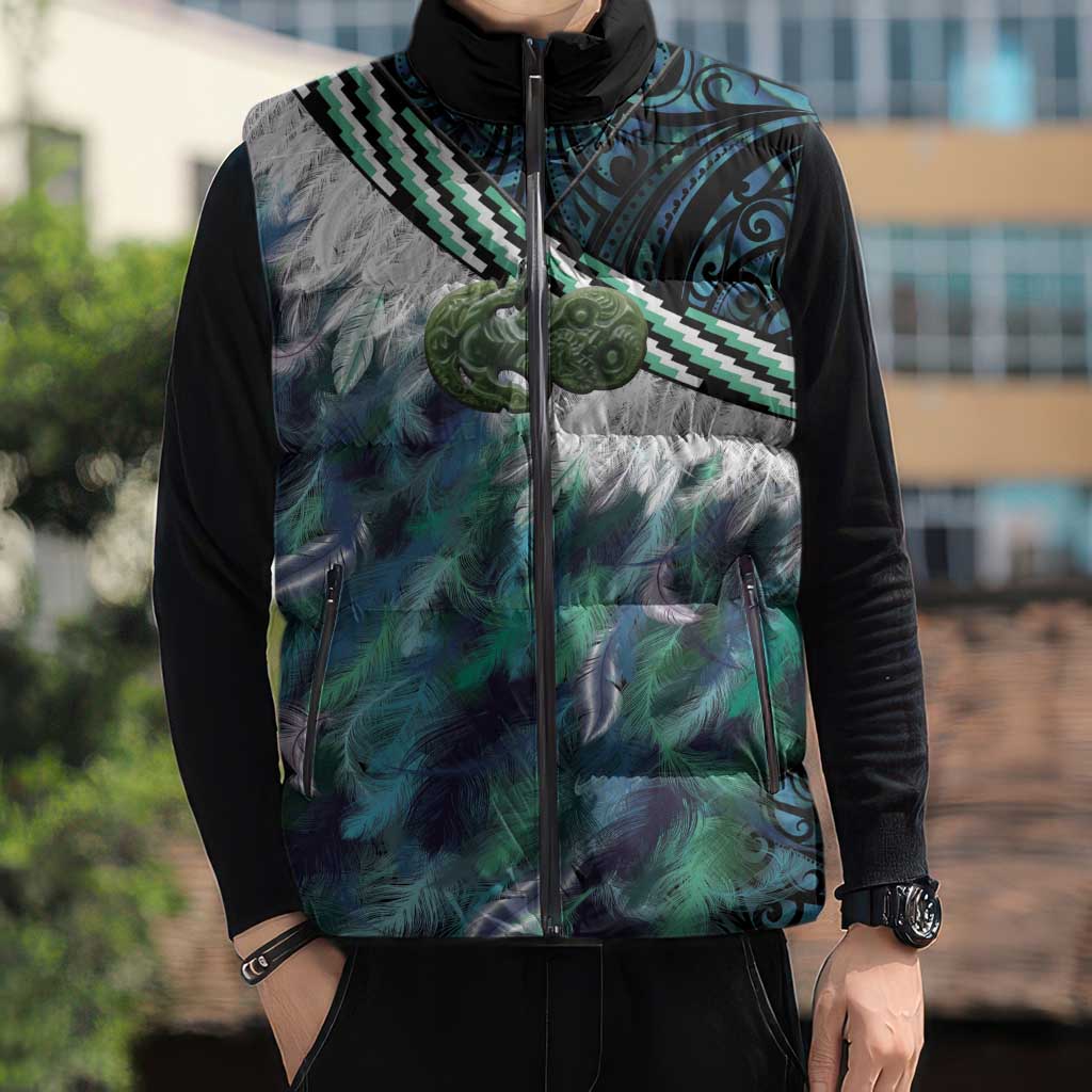 Turquoise Traditional Cloak Aotearoa Sleeveless Puffer Jacket Maori Paua Shell Korowai Pattern LT14 - Polynesian Pride