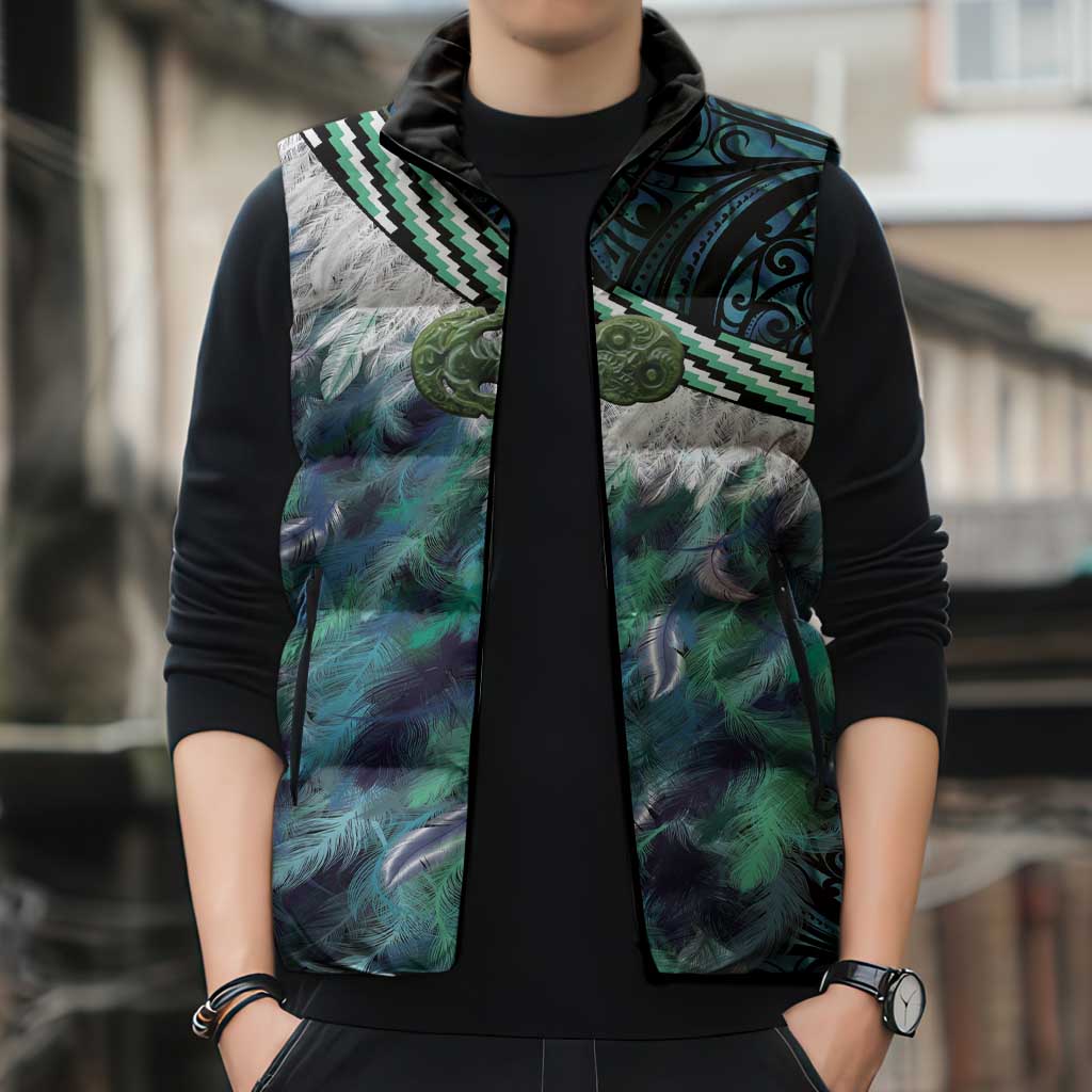 Turquoise Traditional Cloak Aotearoa Sleeveless Puffer Jacket Maori Paua Shell Korowai Pattern LT14 - Polynesian Pride