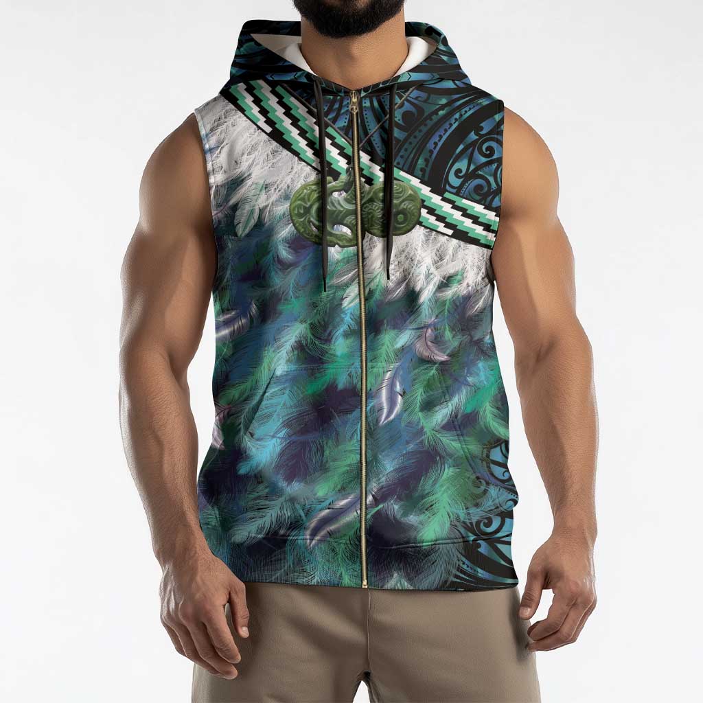 Turquoise Traditional Cloak Aotearoa Sleeveless Zip Hoodie Maori Paua Shell Korowai Pattern - Polynesian Pride