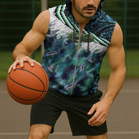 Turquoise Traditional Cloak Aotearoa Sleeveless Zip Hoodie Maori Paua Shell Korowai Pattern - Polynesian Pride