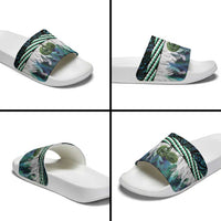 Turquoise Traditional Cloak Aotearoa Slide Sandals Maori Paua Shell Korowai Pattern - Polynesian Pride