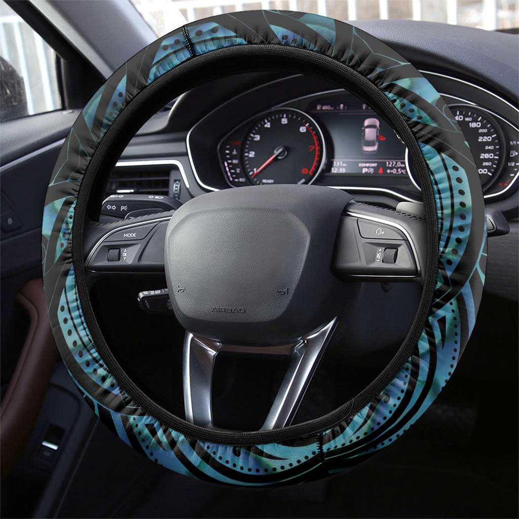 Turquoise Traditional Cloak Aotearoa Steering Wheel Cover Maori Paua Shell Korowai Pattern