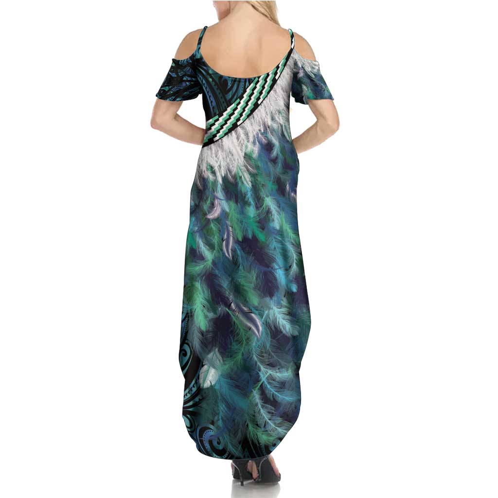 Turquoise Traditional Cloak Aotearoa Summer Maxi Dress Maori Paua Shell Korowai Pattern