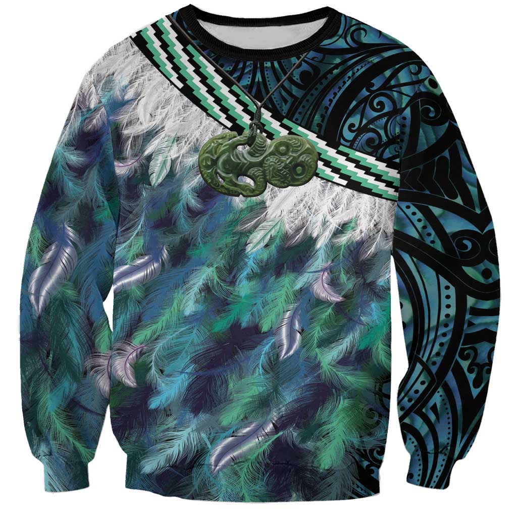 Turquoise Traditional Cloak Aotearoa Sweatshirt Maori Paua Shell Korowai Pattern