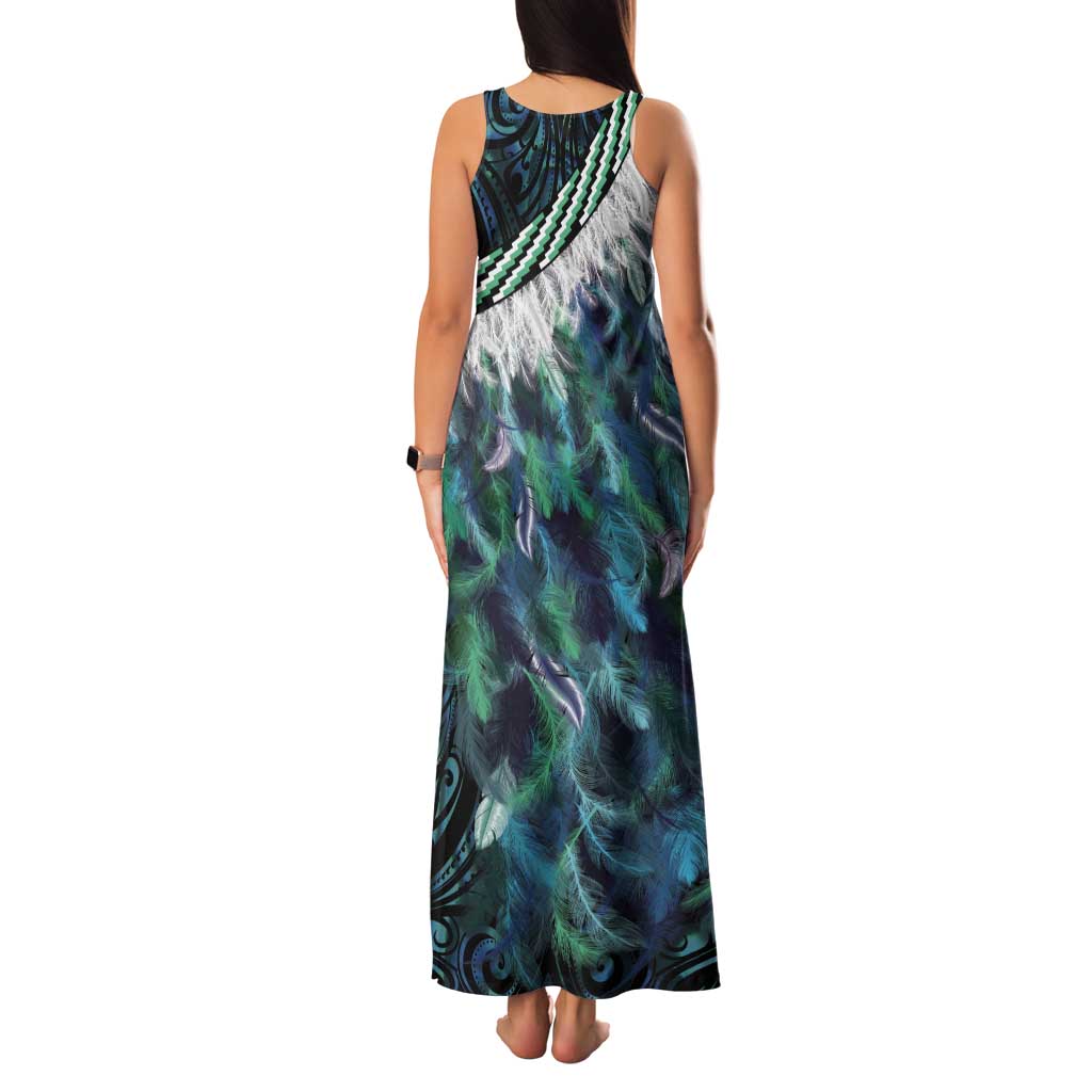 Turquoise Traditional Cloak Aotearoa Tank Maxi Dress Maori Paua Shell Korowai Pattern