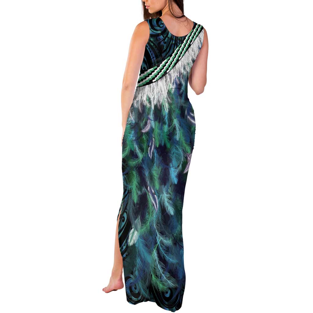 Turquoise Traditional Cloak Aotearoa Tank Maxi Dress Maori Paua Shell Korowai Pattern