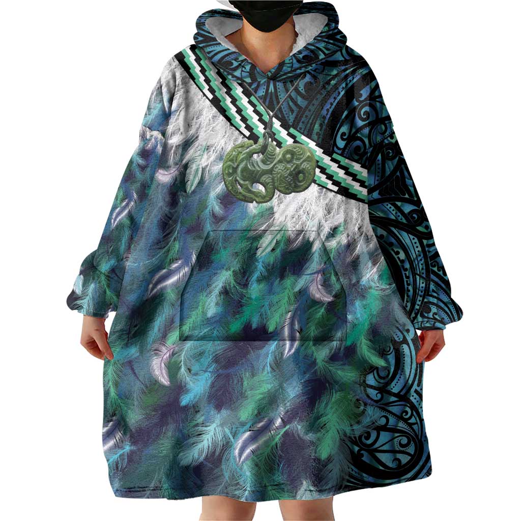 Turquoise Traditional Cloak Aotearoa Wearable Blanket Hoodie Maori Paua Shell Korowai Pattern