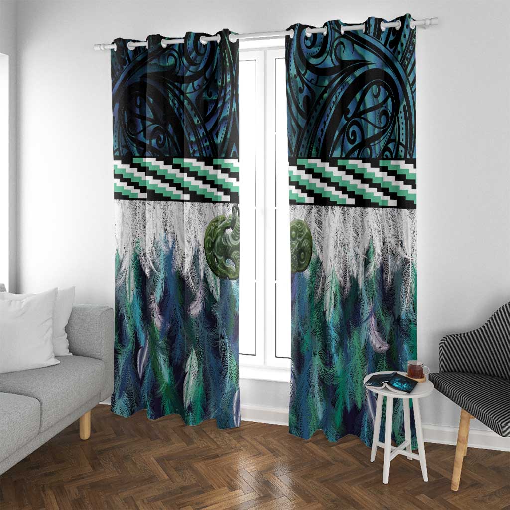 Turquoise Traditional Cloak Aotearoa Window Curtain Maori Paua Shell Korowai Pattern