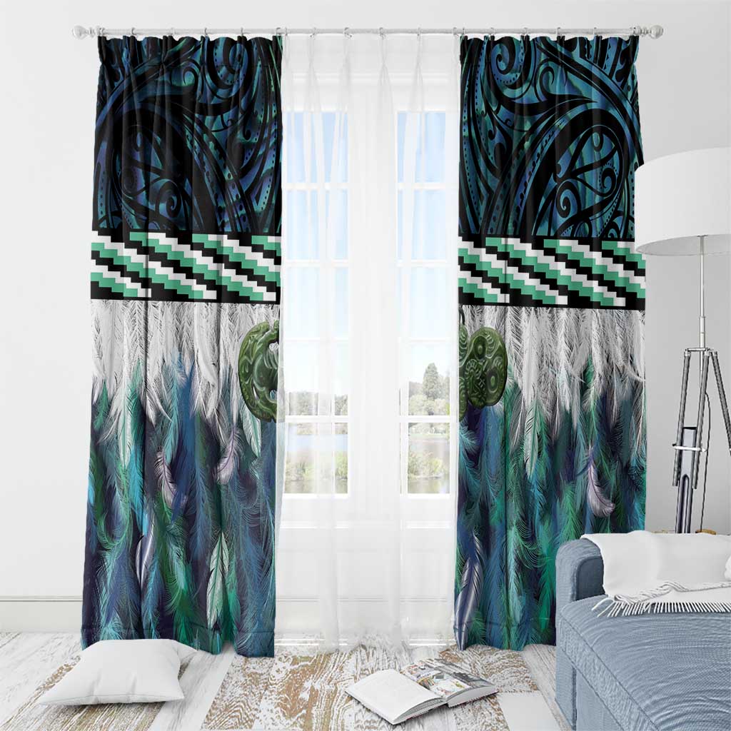 Turquoise Traditional Cloak Aotearoa Window Curtain Maori Paua Shell Korowai Pattern