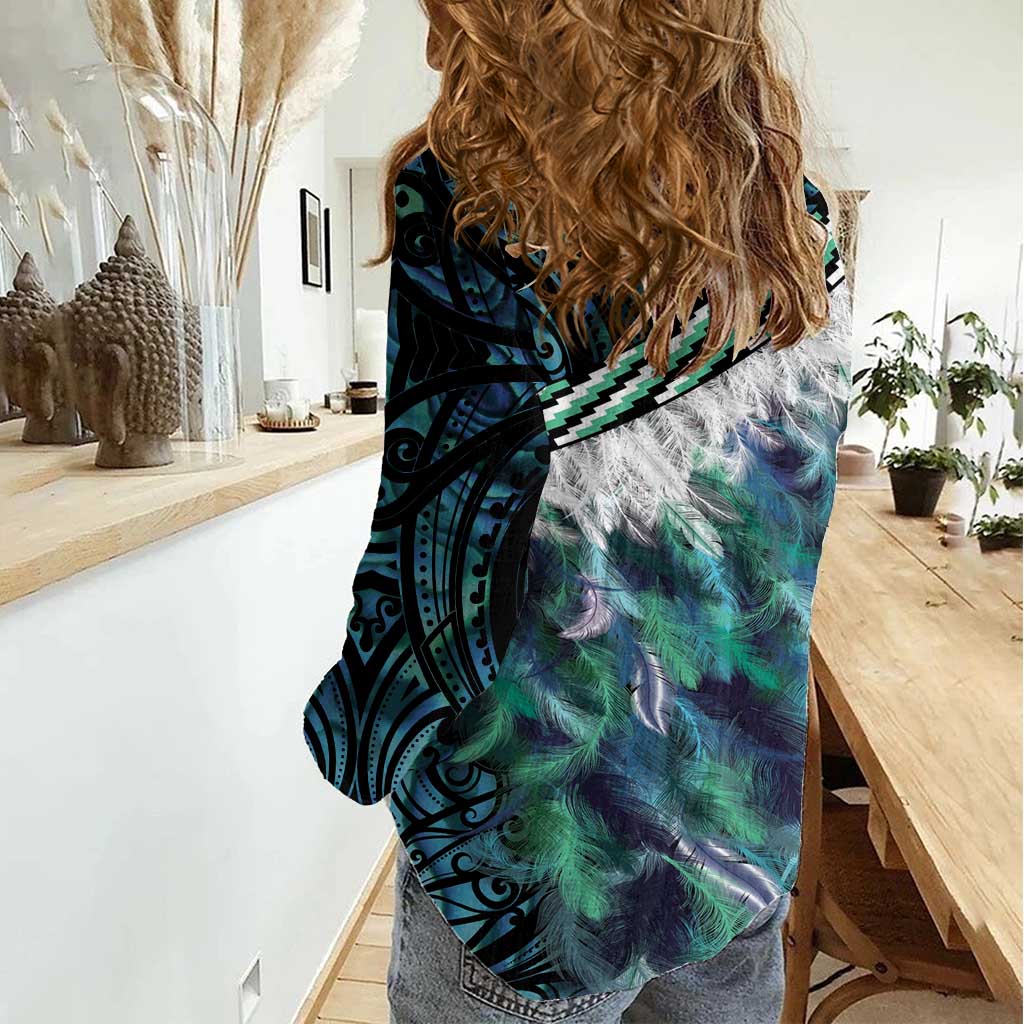 Turquoise Traditional Cloak Aotearoa Women Casual Shirt Maori Paua Shell Korowai Pattern