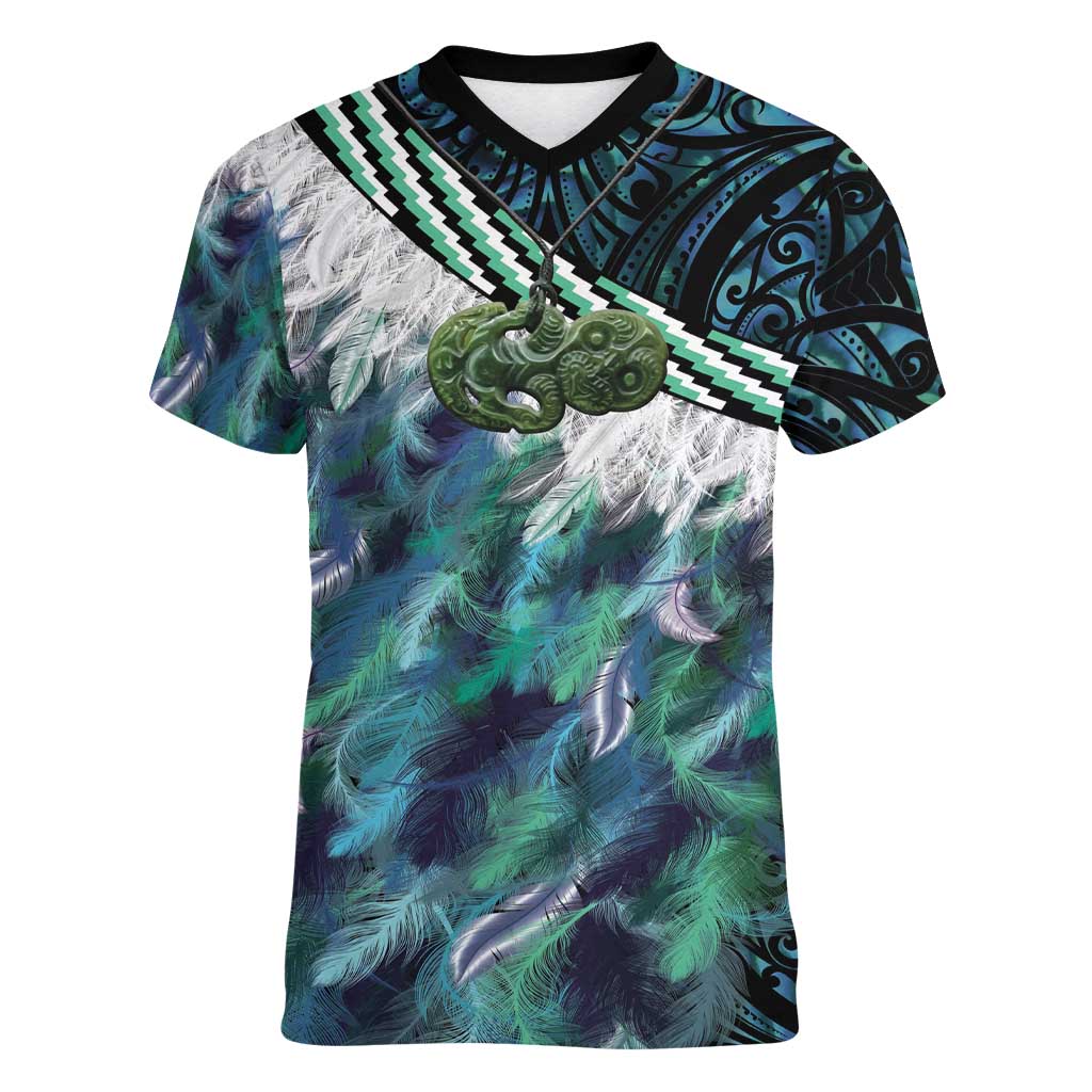 Turquoise Traditional Cloak Aotearoa Women V-Neck T-Shirt Maori Paua Shell Korowai Pattern LT14 Female Turquoise - Polynesian Pride