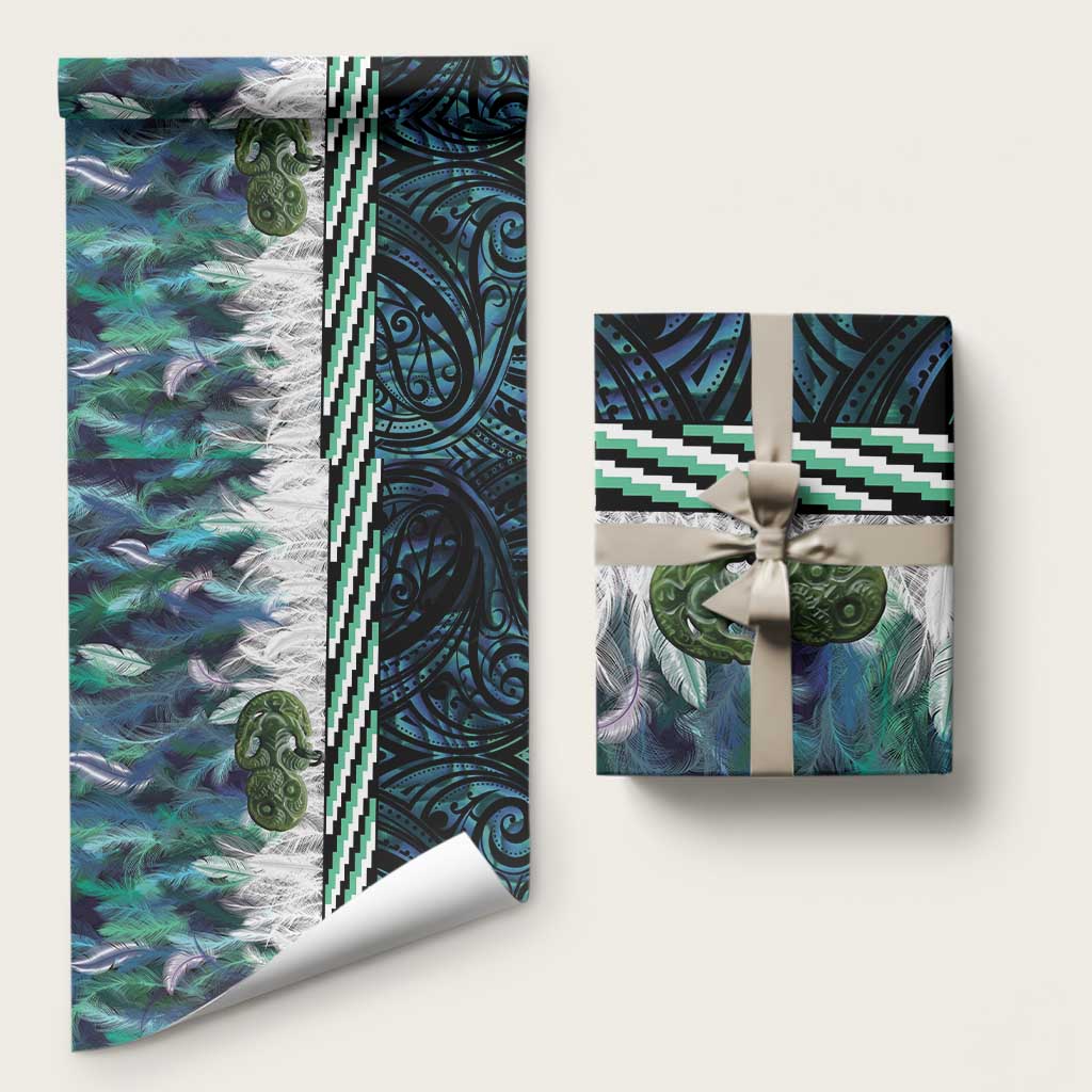 Turquoise Traditional Cloak Aotearoa Wrapping Paper Maori Paua Shell Korowai Pattern LT14 58" × 23" Turquoise - Polynesian Pride