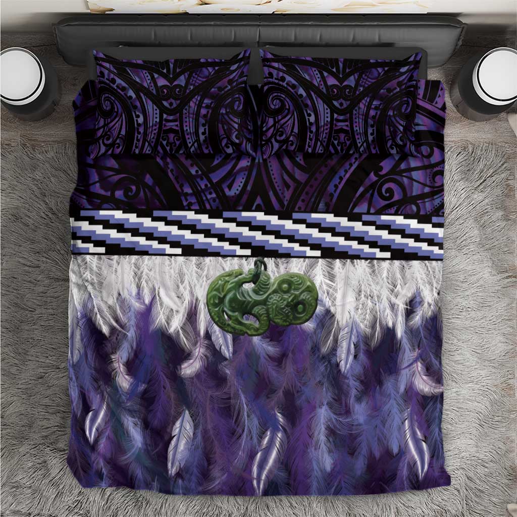 Purple Traditional Cloak Aotearoa Bedding Set Maori Paua Shell Korowai Pattern