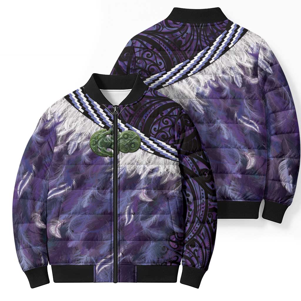 Purple Traditional Cloak Aotearoa Bomber Puffer Jacket Maori Paua Shell Korowai Pattern LT14 - Polynesian Pride