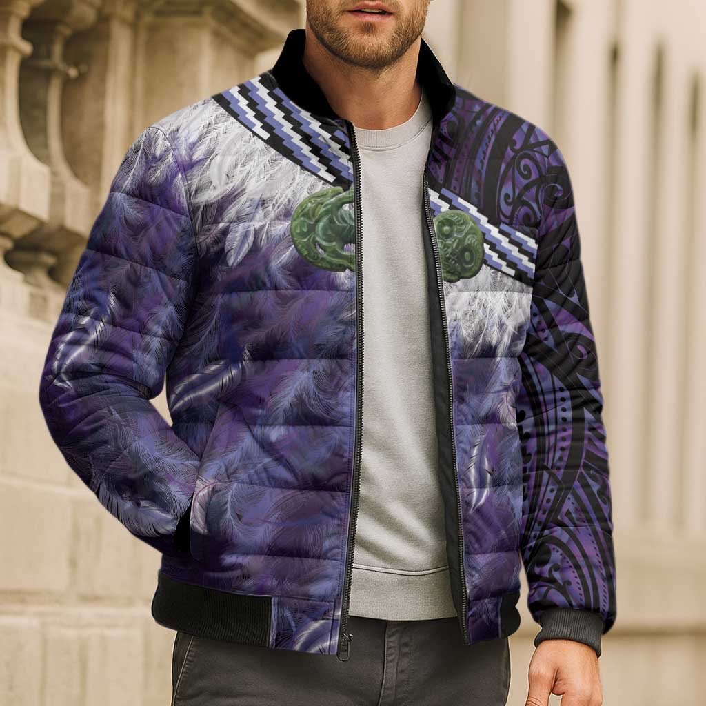 Purple Traditional Cloak Aotearoa Bomber Puffer Jacket Maori Paua Shell Korowai Pattern LT14 - Polynesian Pride