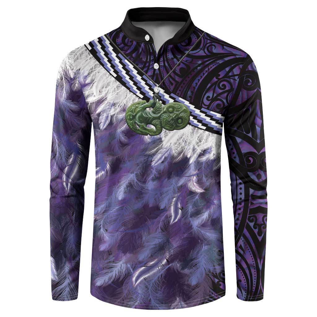 Purple Traditional Cloak Aotearoa Button Sweatshirt Maori Paua Shell Korowai Pattern