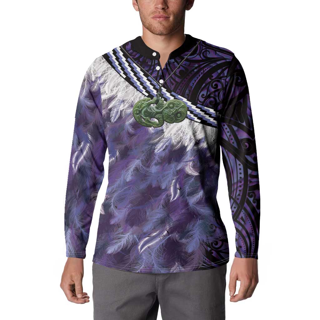 Purple Traditional Cloak Aotearoa Button Sweatshirt Maori Paua Shell Korowai Pattern
