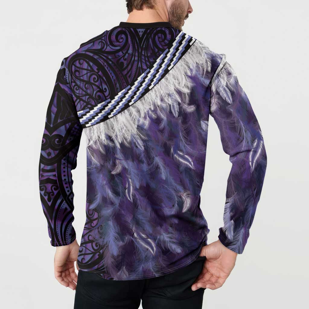 Purple Traditional Cloak Aotearoa Button Sweatshirt Maori Paua Shell Korowai Pattern