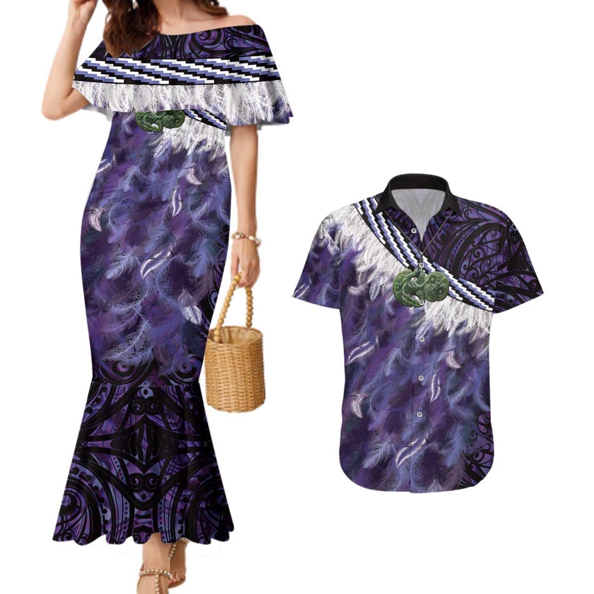 Purple Traditional Cloak Aotearoa Couples Matching Mermaid Dress and Hawaiian Shirt Maori Paua Shell Korowai Pattern