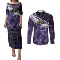 Purple Traditional Cloak Aotearoa Couples Matching Puletasi and Long Sleeve Button Shirt Maori Paua Shell Korowai Pattern LT14 Purple - Polynesian Pride
