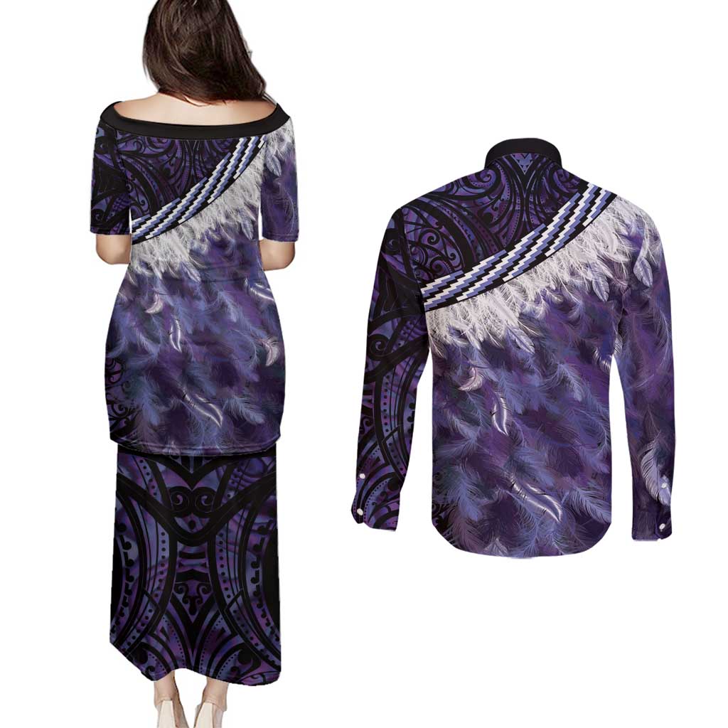 Purple Traditional Cloak Aotearoa Couples Matching Puletasi and Long Sleeve Button Shirt Maori Paua Shell Korowai Pattern LT14 - Polynesian Pride