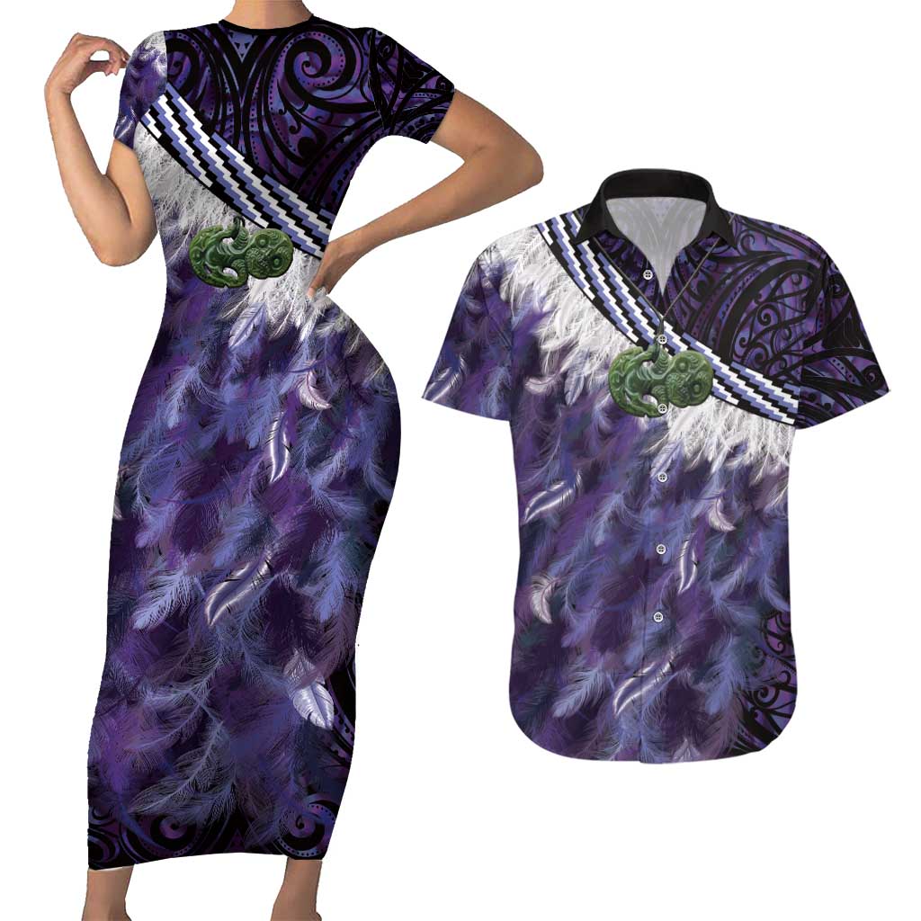 Purple Traditional Cloak Aotearoa Couples Matching Short Sleeve Bodycon Dress and Hawaiian Shirt Maori Paua Shell Korowai Pattern