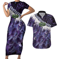 Purple Traditional Cloak Aotearoa Couples Matching Short Sleeve Bodycon Dress and Hawaiian Shirt Maori Paua Shell Korowai Pattern