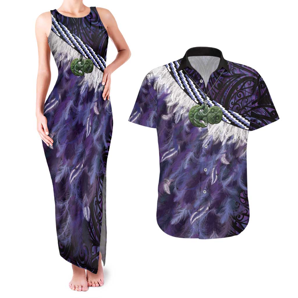 Purple Traditional Cloak Aotearoa Couples Matching Tank Maxi Dress and Hawaiian Shirt Maori Paua Shell Korowai Pattern