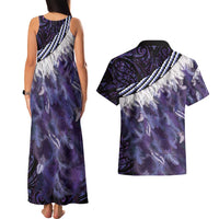 Purple Traditional Cloak Aotearoa Couples Matching Tank Maxi Dress and Hawaiian Shirt Maori Paua Shell Korowai Pattern