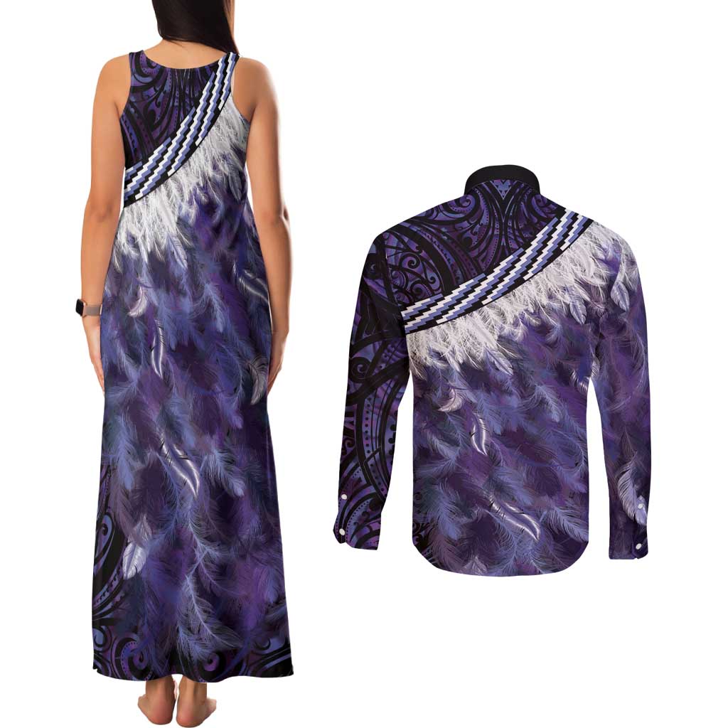 Purple Traditional Cloak Aotearoa Couples Matching Tank Maxi Dress and Long Sleeve Button Shirt Maori Paua Shell Korowai Pattern