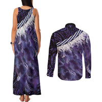 Purple Traditional Cloak Aotearoa Couples Matching Tank Maxi Dress and Long Sleeve Button Shirt Maori Paua Shell Korowai Pattern