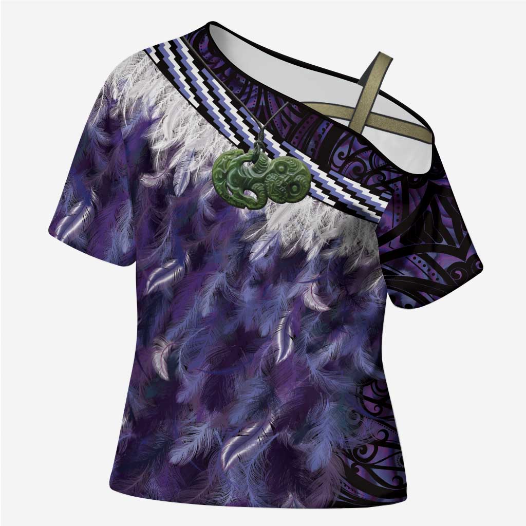 Purple Traditional Cloak Aotearoa Cross Shoulder Shirt Maori Paua Shell Korowai Pattern LT14 Female Purple - Polynesian Pride