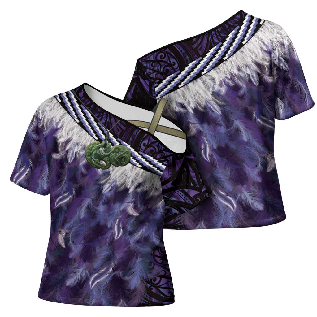 Purple Traditional Cloak Aotearoa Cross Shoulder Shirt Maori Paua Shell Korowai Pattern LT14 - Polynesian Pride