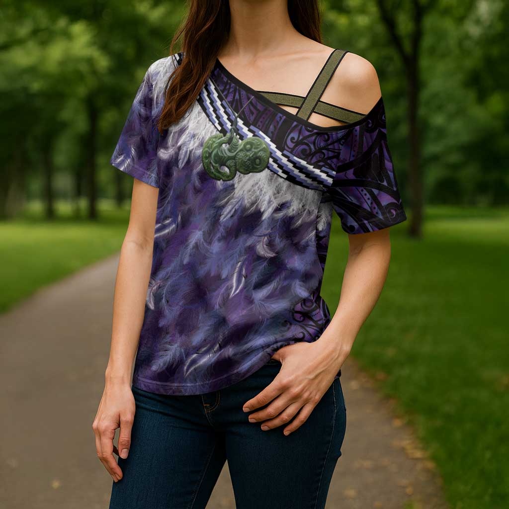 Purple Traditional Cloak Aotearoa Cross Shoulder Shirt Maori Paua Shell Korowai Pattern LT14 - Polynesian Pride