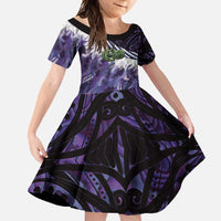 Purple Traditional Cloak Aotearoa Family Matching Mermaid Dress and Hawaiian Shirt Maori Paua Shell Korowai Pattern LT14 Daughter's Dress Purple - Polynesian Pride