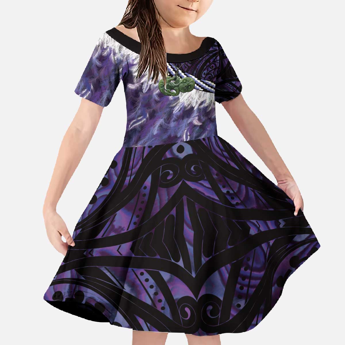 Purple Traditional Cloak Aotearoa Family Matching Off The Shoulder Long Sleeve Dress and Hawaiian Shirt Maori Paua Shell Korowai Pattern