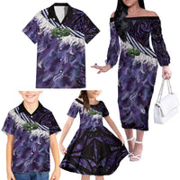 Purple Traditional Cloak Aotearoa Family Matching Off The Shoulder Long Sleeve Dress and Hawaiian Shirt Maori Paua Shell Korowai Pattern