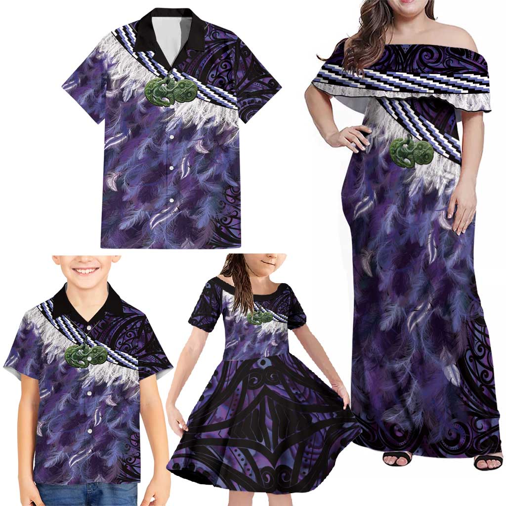 Purple Traditional Cloak Aotearoa Family Matching Off Shoulder Maxi Dress and Hawaiian Shirt Maori Paua Shell Korowai Pattern