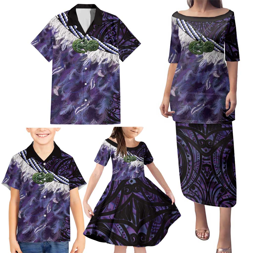Purple Traditional Cloak Aotearoa Family Matching Puletasi and Hawaiian Shirt Maori Paua Shell Korowai Pattern