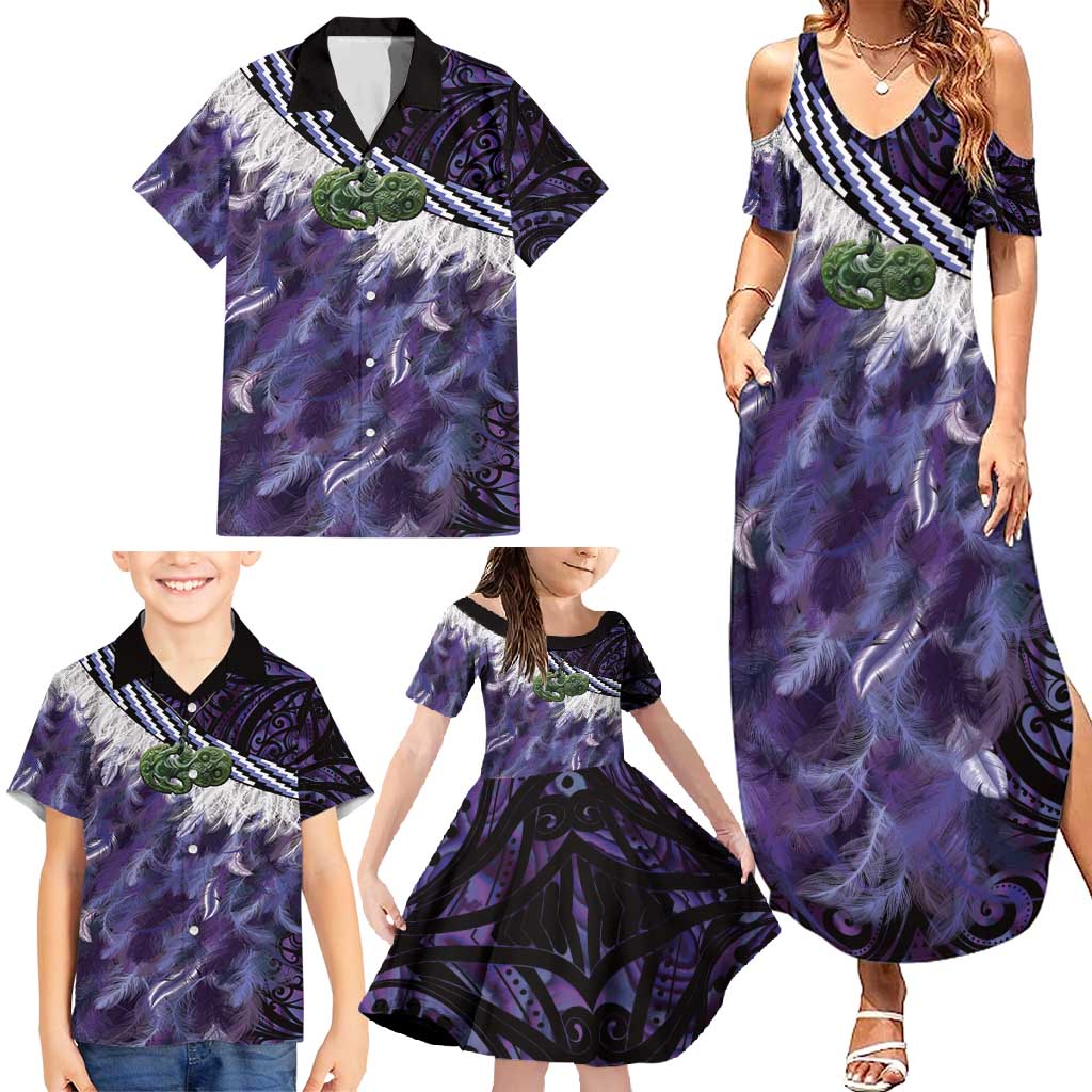 Purple Traditional Cloak Aotearoa Family Matching Summer Maxi Dress and Hawaiian Shirt Maori Paua Shell Korowai Pattern