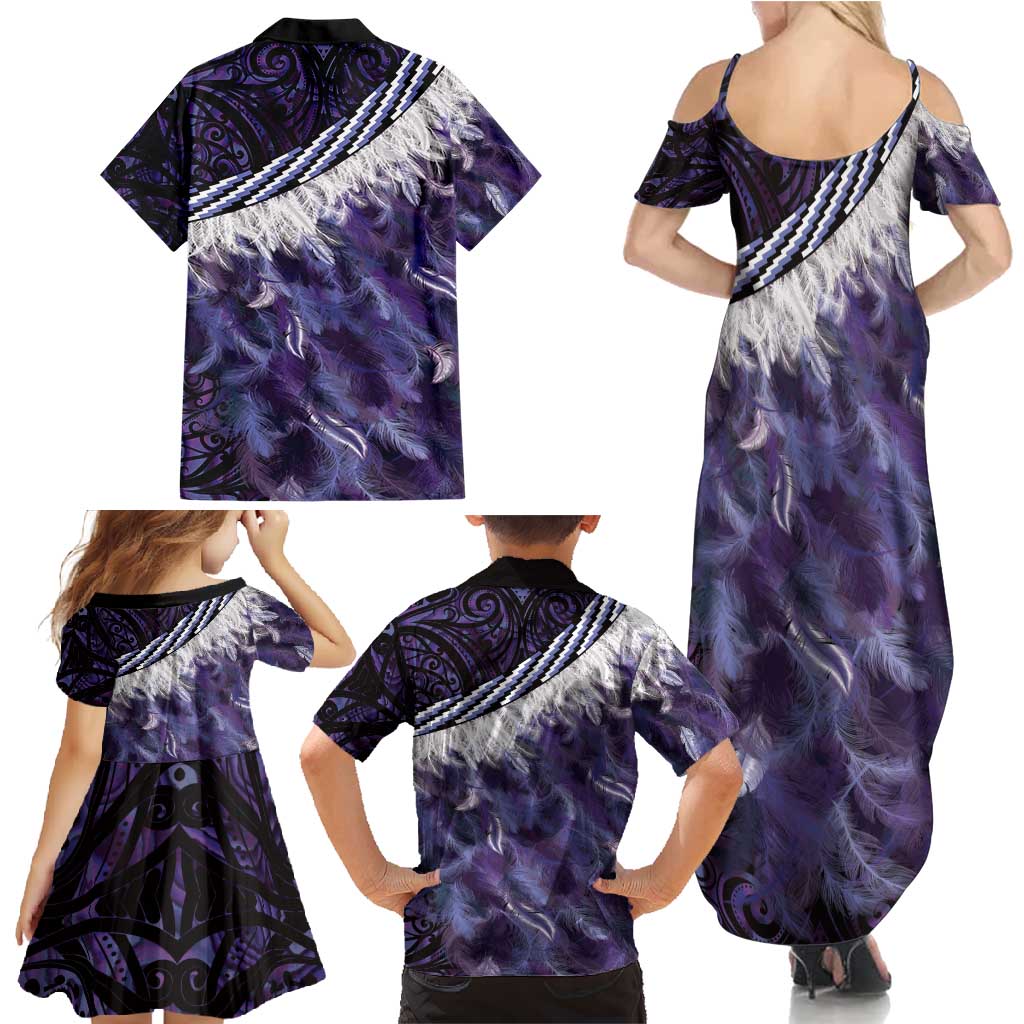 Purple Traditional Cloak Aotearoa Family Matching Summer Maxi Dress and Hawaiian Shirt Maori Paua Shell Korowai Pattern