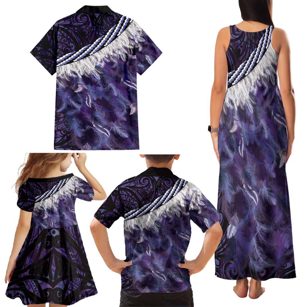 Purple Traditional Cloak Aotearoa Family Matching Tank Maxi Dress and Hawaiian Shirt Maori Paua Shell Korowai Pattern